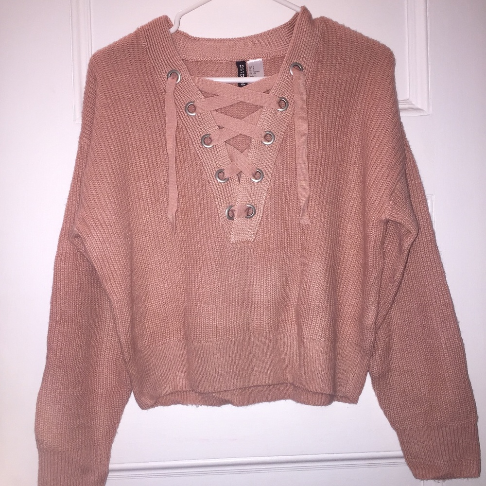 blush pink lace up sweater